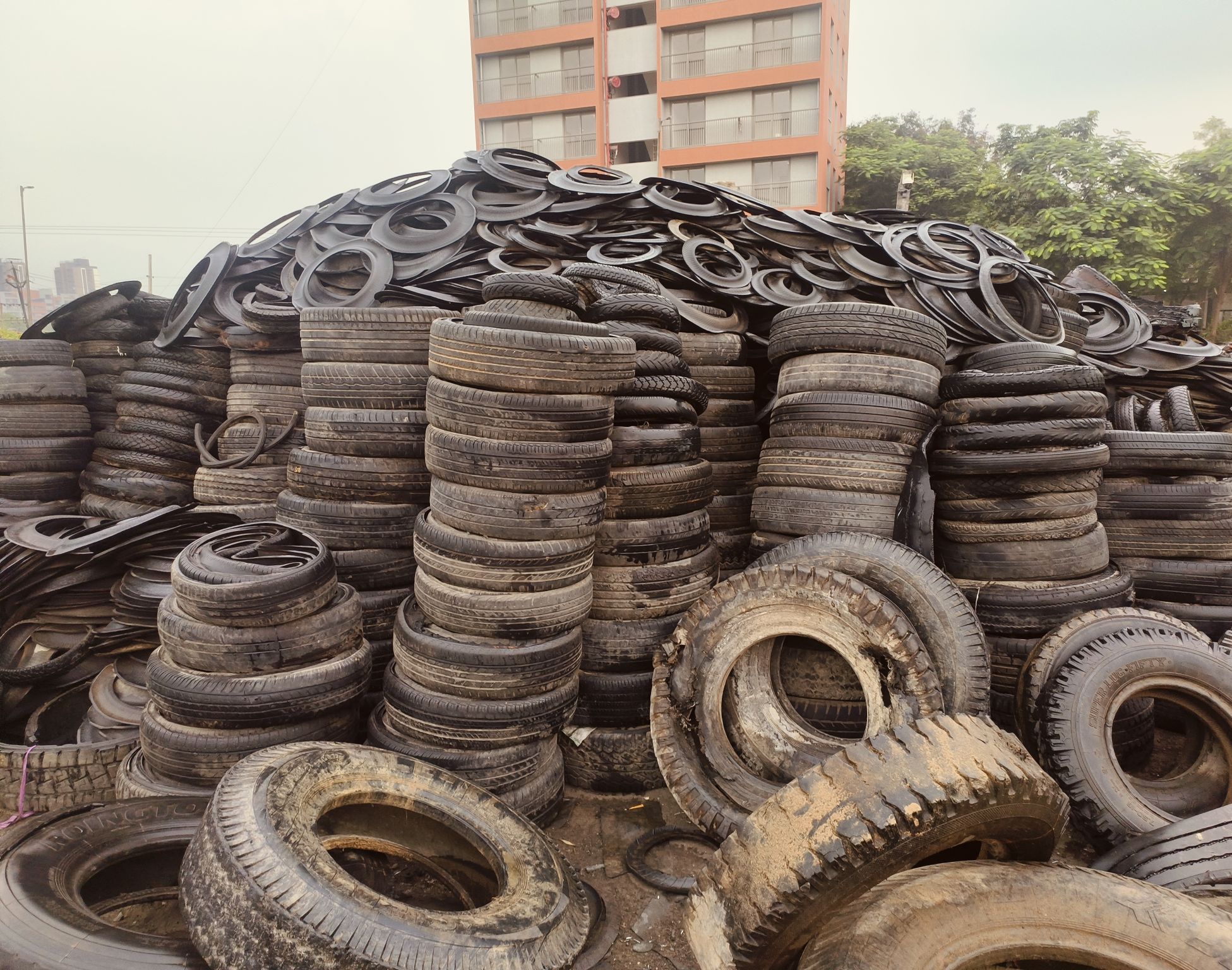 Pile of scrap tyres collected for resale or recycling in Ahmedabad